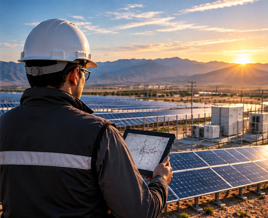 Profesional de ingeniería observando una planta fotovoltaica con una tableta, imagen ilustrativa