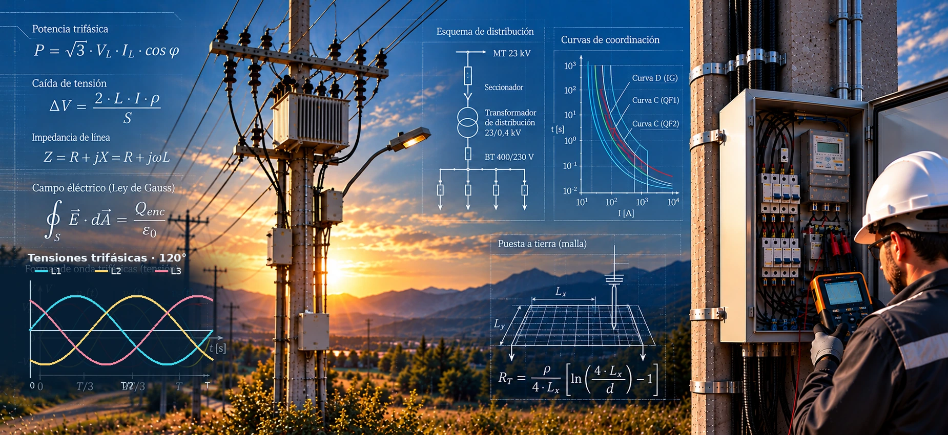 Composición ilustrativa de ingeniería y trabajo en terreno; diagramas sujetos a revisión técnica